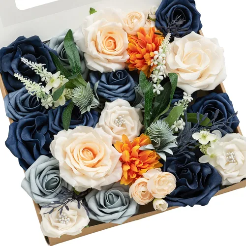Vista 10 de Ling's moment Caja de Flores Falsas, Tallos de Vegetación Artificial Falsa Rosas de Espuma Dalia Hortensia de Seda Peonía Flor de Tela para Centros