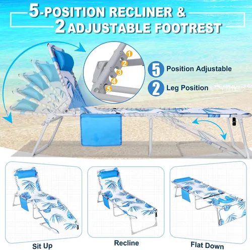 Vista 10 de Luxfero Sillón de playa 3 en 1 con paraguas, silla de bronceado solar con orificio para la cara y reclinable de 5 posiciones, silla plegable