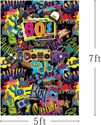 Vista 2 de Hip Hop Regreso a los 80 Fiesta de Cumpleaños Decoración Adulto Fiesta de Cumpleaños Decoración Estudio Fotográfico Banner Graffiti Disco 4.9x6.9 ft