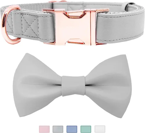 Vista 11 de Collar de cuero suave para perro, ajustable, lindo collar de pajarita [fácil de limpiar] con elegante hebilla de metal resistente de oro rosa