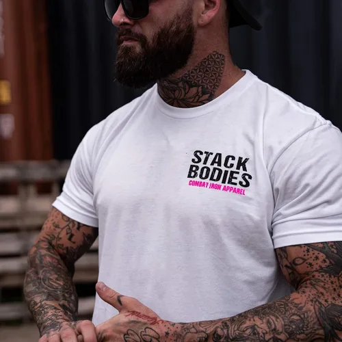 Vista 6 de Combat Iron Flamingo Operator Stack Bodies - Camiseta patriótica de manga corta para hombre, preencogida, ajuste atlético