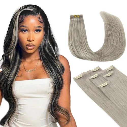 Vista 74 de Lashey Extensiones de cabello humano con clip, sin costuras, #1, color negro azabache, extensiones de cabello humano real, extensiones de cabello