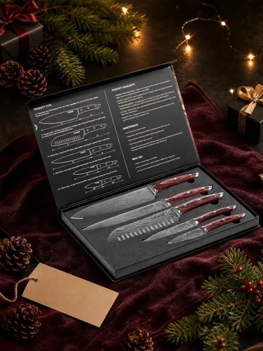Vista 8 de FOHERE Juego de cuchillos de chef, 5 cuchillos de cocina ultra afilados con mango ergonómico de madera de Pakka roja, juego de cuchillos