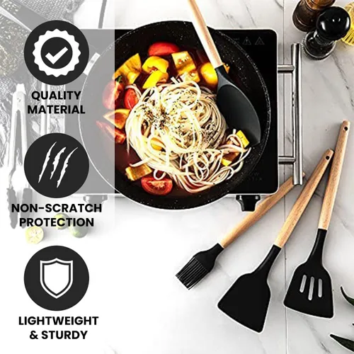 Vista 2 de Juego de utensilios de cocina de silicona, juego de utensilios de cocina con mango de madera, cucharas, cepillo giratorio, cucharón de sopa, pasta