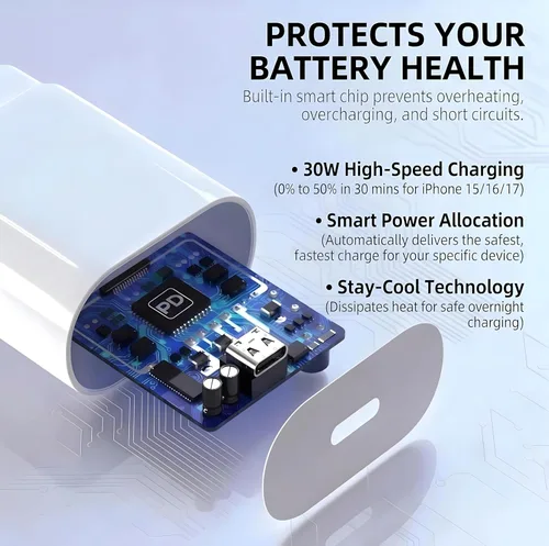 Vista 2 de TT&C - Bloque de cargador USB C de 30 W, adaptador de corriente de enchufe de pared para iPhone 17, 16, 15