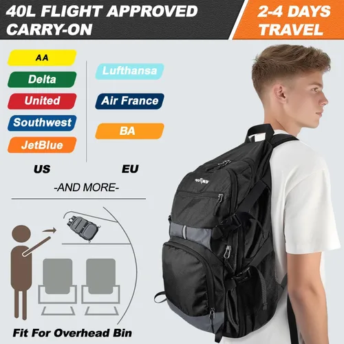 Vista 4 de Seektop Mochila de viaje ligera para hombres y mujeres, múltiples bolsillos 40L, mochila de senderismo plegable, Negro, Grande