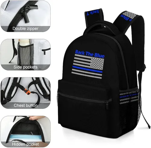 Vista 3 de Volver The Blue Police Line Mochila para portátil con bandera de EE. UU., bolso de hombro de moda, mochila de viaje para hombres y mujeres