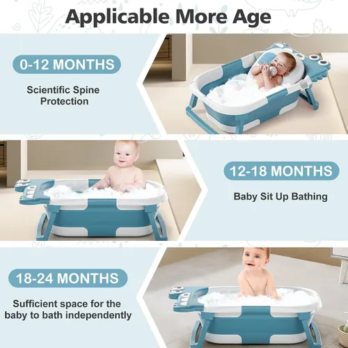 Vista 3 de Bañera plegable para bebé recién nacido, bañera plegable para bebé con termómetro y cojín flotante suave y orificio de drenaje, bañera portátil