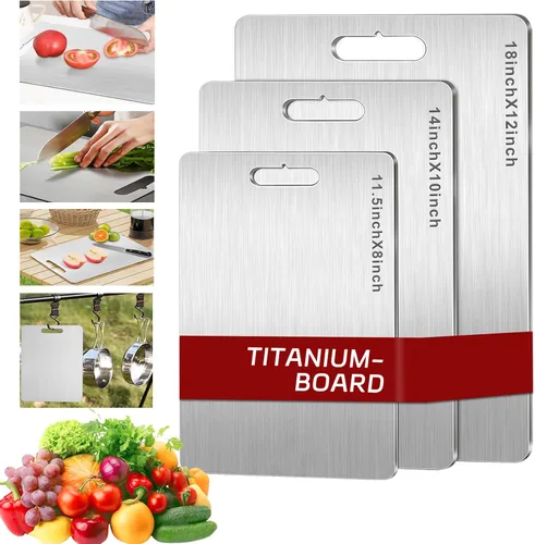 Vista 10 de Juego de 3 tablas de cortar de titanio, 3 tablas de cortar de acero inoxidable, tablas de cortar antiadherentes de doble cara de grado alimenticio