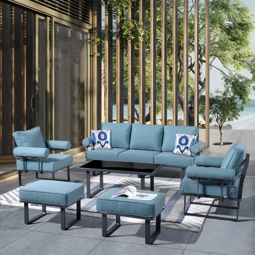 Vista 12 de HOOOWOOO Juego de muebles de aluminio para patio al aire libre, 5 piezas, sofá moderno de mediados de siglo, asiento de sofá resistente a la Gris