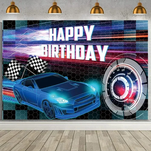 Vista 14 de MEHOFOND Telón de fondo negro de 7 x 5 pies, decoración de fiesta de carreras para niños, cartel de fiesta de cumpleaños con temática de auto