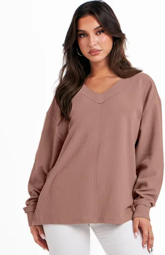 Vista 5 de ANRABESS Camisas de manga larga de gran tamaño para mujer, sudadera con hombros descubiertos, holgada, cuello en V, suéter alto y bajo 2025