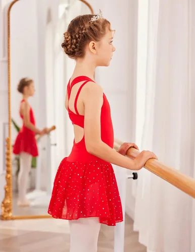 Vista 4 de Zaclotre Leotardos de gimnasia para niñas, con tirantes cruzados, brillantes vestidos de baile de ballet con espalda hueca y falda para disfraz