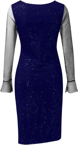 Vista 5 de Vestido de Nochevieja, sexy, de malla, lentejuelas, cuello en V, dividido, a media pierna, vestido de fiesta para club, vestidos de Nochevieja