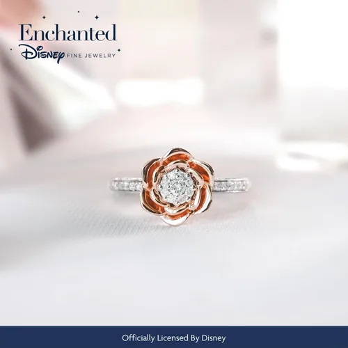 Vista 5 de Jewelili Enchanted Disney Fine Jewelry Anillo compuesto de oro rosa de 14 quilates sobre plata esterlina 1/4 Cttw Belle Rose