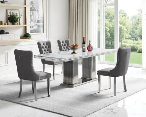 Vista 11 de Juego de mesa de comedor de mármol para 4, mesa de cocina rectangular de mármol negro de 68 pulgadas con base en H de acero inoxidable dorado, juego
