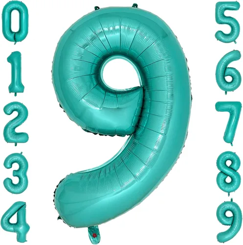 Vista 13 de Globos de color verde azulado con el número 0 de 40 pulgadas, globos grandes de papel de aluminio azul turquesa para mujer, decoraciones