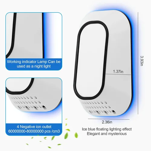 Vista 7 de Paquete de 3 Purificadores de Aire Enchufables con Luz Flotante Azul Hielo, Purificador de Aire de Iones Negativos con 4 Cepillos Integrados, 2W