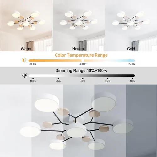 Vista 4 de Lámpara LED de techo, 34 pulgadas, 7 luces de techo modernas, de montaje empotrado, de madera, 56 W, regulable, para sala de estar, dormitorio