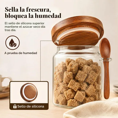 Vista 5 de ComSaf Tarros de azúcar con tapas y cucharas de madera de acacia de 0.5