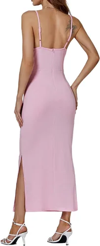 Vista 6 de LYANER Vestido midi de fiesta con tirantes delgados y abertura dividida sin mangas, cuello en V y cremallera