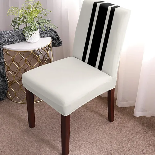Vista 2 de Funda para silla de comedor, diseño navideño a rayas blancas y negras, estilo rústico, estilo granja, protector elástico para sillas Parsons
