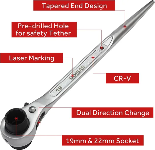 Vista 5 de 2 piezas 19 mm × 22 mm (o 3/4" x 7/8") llave de trinquete de carraca de doble extremo de 12 puntos de grado profesional para andamio, plata