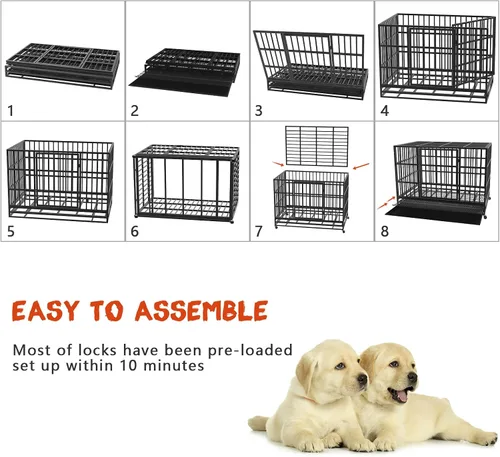 Vista 8 de LEMBERI - Jaula para perro indestructible y resistente de 48/38 pulgadas, a prueba de escapes con ruedas bloqueables, doble puerta para evitar