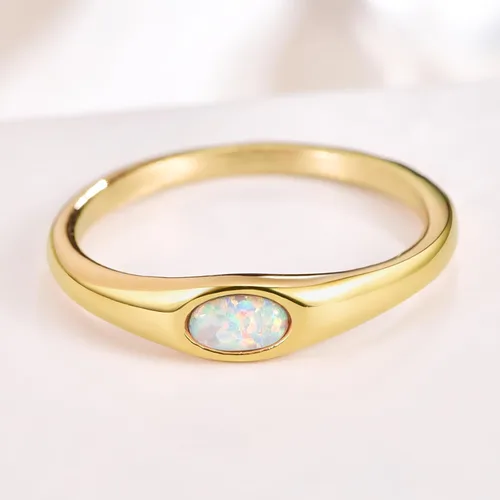 Vista 2 de Signet Rings for Women, 14K Gold Plated Dainty Rings OvalHeart Created Opal Ring Size 5-10