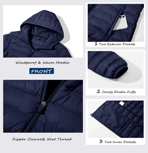Vista 4 de MAGCOMSEN Chaqueta acolchada con capucha para mujer, ligera, acolchada, con 4 bolsillos, con cremallera, ropa cálida para invierno
