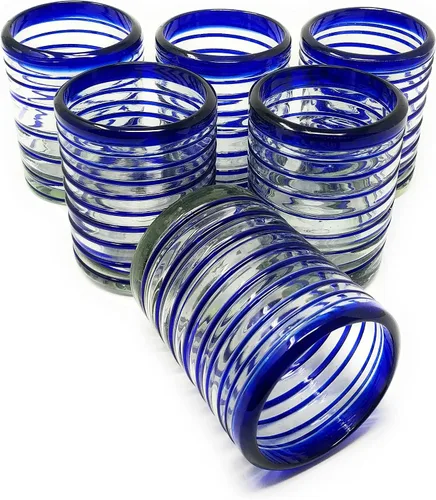 Vista 5 de Dos Sueños Vasos mexicanos soplados a mano, juego de 6 vasos con diseño de espiral azul (10 onzas cada uno)