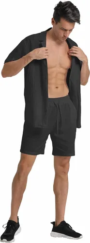 Vista 24 de RPOVIG Conjunto corto de camisa de lino: conjunto casual de 2 piezas con botones para hombre