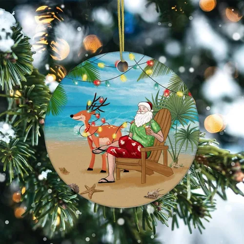 Vista 2 de Adornos para árbol de Navidad, Papá Noel en la playa, adorno de Navidad, adorno de recuerdo para decoración del hogar, colgantes colgantes colgantes