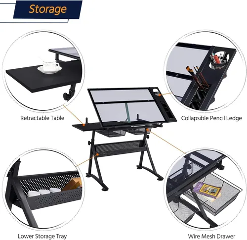 Vista 3 de Mesa de dibujo con taburete, mesa de dibujo multifuncional ajustable en Negro