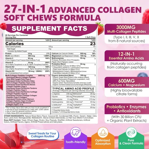 Vista 2 de Gomitas de colágeno + masticables suaves de biotina de 3000 mg para mujeres y hombres, péptidos de colágeno ultra hidrolizados que aumentan tipo I