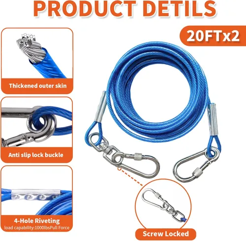 Vista 5 de Estaca de perro resistente para exterior, patio y camping con cables de 2x20 pies para perros, capacidad de 200 libras, doble giro de 360°, anclaje
