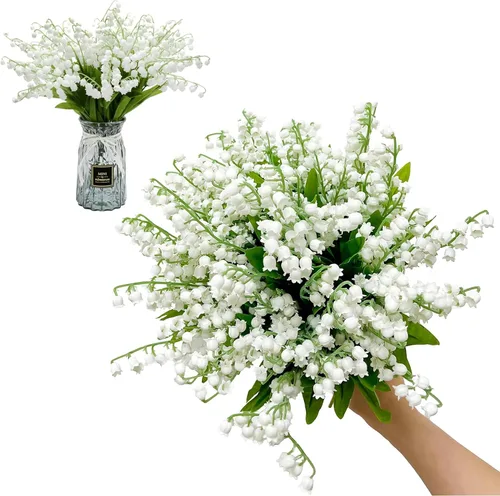 Vista 7 de Qivine 6 flores artificiales de lirio de los valles, orquídea blanca y blanca, planta de lirio del valle, ramo de boda, flores de látex, flora