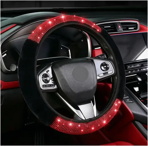 Vista 8 de Funda para volante con destellos para mujeres y niñas, cubierta de volante de diamantes de imitación de color negro con brillantes de piel
