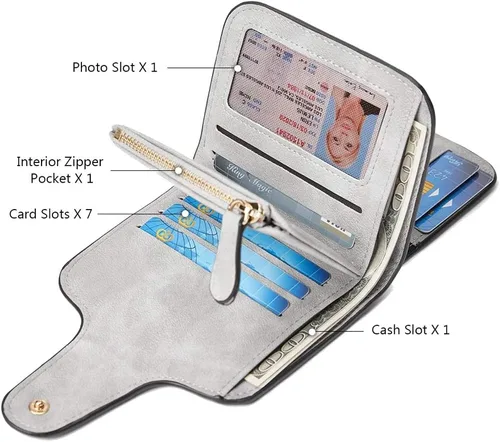 Vista 4 de KELEEL Cartera de cuero para mujer, monedero de embrague para tarjetas de crédito, soporte para monedas, plegable, Gris corto, Classic