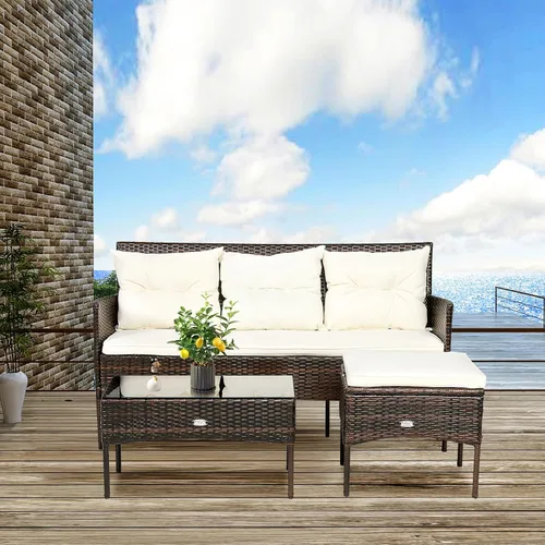 Vista 2 de RELAX4LIFE Juego seccional de muebles de patio de 3 piezas, conversación de mimbre de ratán con 5 cómodos cojines de asiento y respaldo, mesa