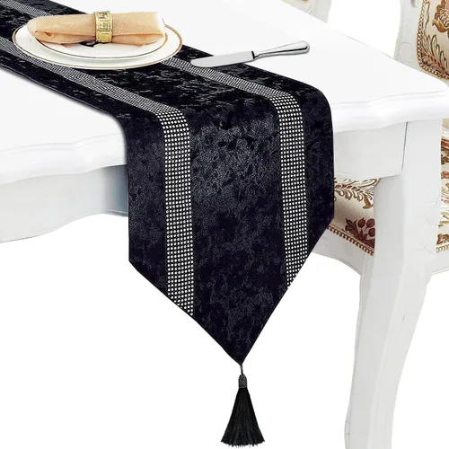 Vista 9 de Jiino Camino de mesa de 13x72 pulgadas, negro, con lentejuelas y strass, para decoración de mesa de comedor, 33x180cm