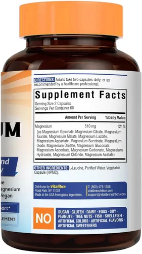 Vista 8 de Vitalibre Complejo de magnesio 15 en 1 de 510 mg para mujeres y hombres