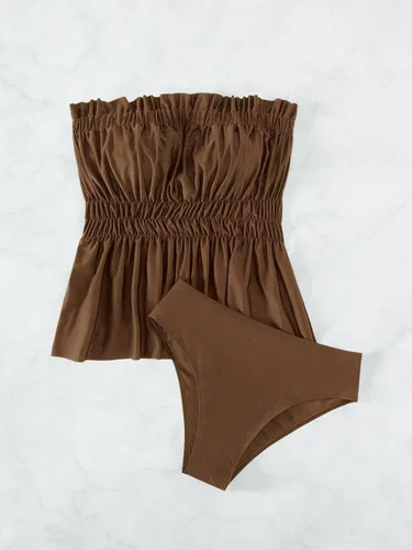 Vista 3 de MakeMeChic Women's 2 Piece Bathing Suits Frill Trim Ruffle High Waisted Bandeau Tankini Swimsuit