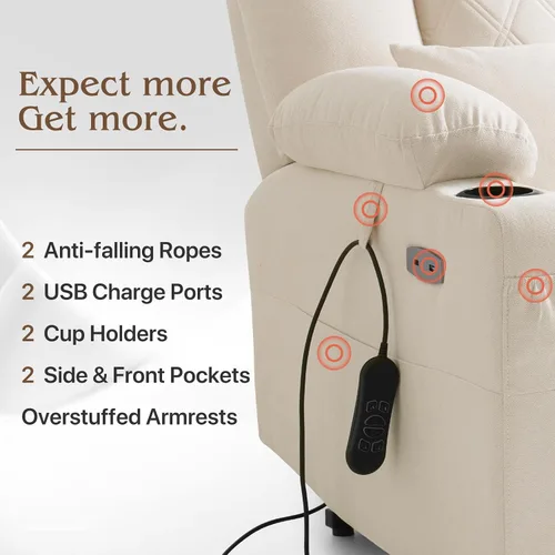 Vista 4 de Silla reclinable eléctrica para personas mayores con reposapiés extendido, silla reclinable plana de posición infinita para adultos con masaje