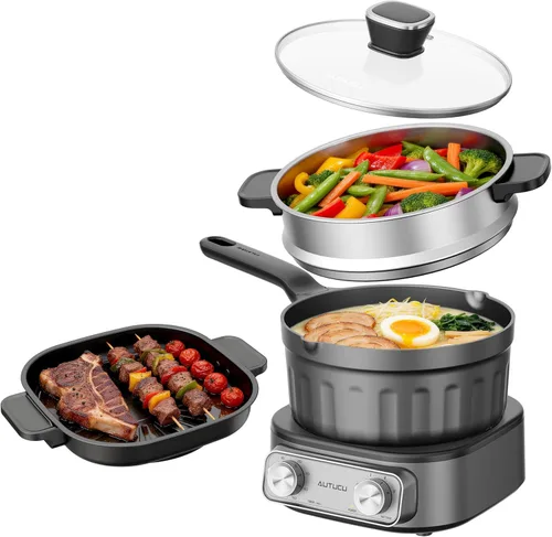 Vista 9 de N74SNA - Juego de vaporizador de parrilla eléctrica multicocción de 2.5 cuartos de galón, antiadherente, sin PFOA, para carne, sopa, arroz frito