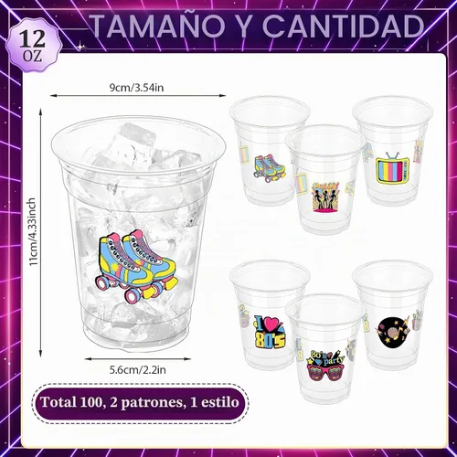 Vista 2 de 100 vasos de plástico desechables para fiestas de los 80 de 12 onzas de regreso a los 80, vasos transparentes desechables para discoteca de los 80