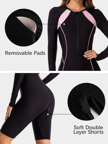 Vista 5 de ECUPPER Traje de baño de una pieza de manga larga para mujer, con cierre Boyleg, protector de erupción, cobertura de traje de baño de surf, traje