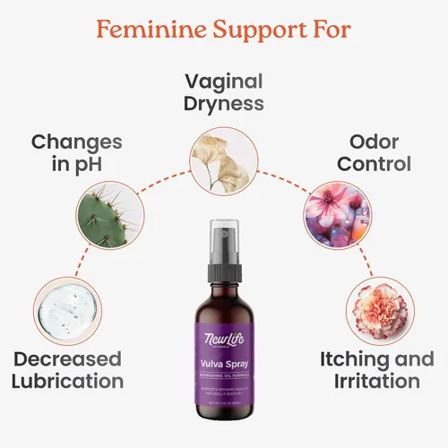 Vista 3 de NewLife Naturals Humectante vaginal en aerosol femenino para sequedad picazón irritación PH Menopausia Apoyo con aceite de oliva, hierba de limón