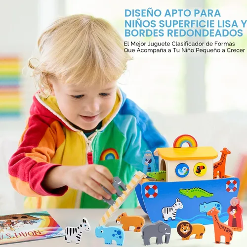 Vista 5 de KMTJT Juego de animales de juguete de madera del arca de Noé para niños pequeños, regalos de bautismo para niños de 1, 2, 3, clasificador de formas