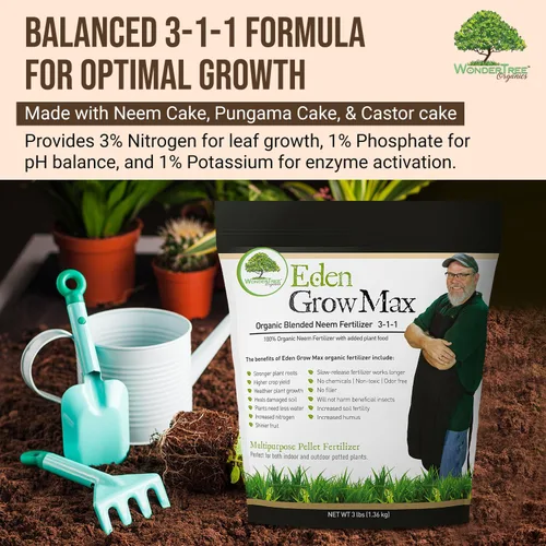 Vista 3 de Eden Grow Max Organic Blended Neem Cake Perfecto para jardinería doméstica, frutas, césped y flores, listado OMRI (3 libras)